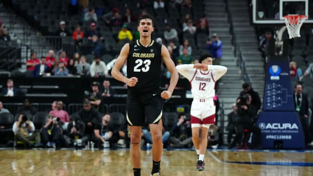 Colorado Buffaloes forward Tristan da Silva (23) celebrates in the second half against the Washington State Cougars at T-Mobile Arena